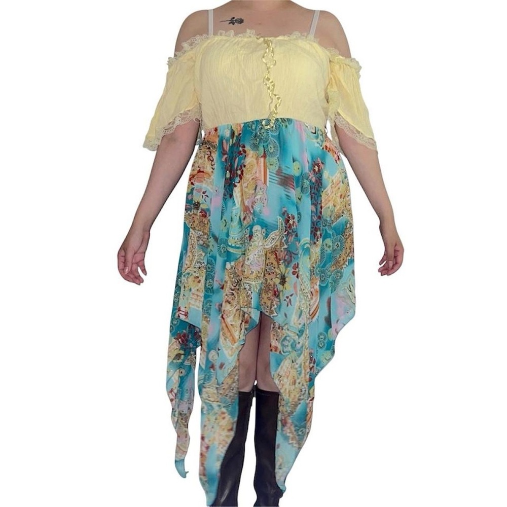 Yellow & blue paisley dress.